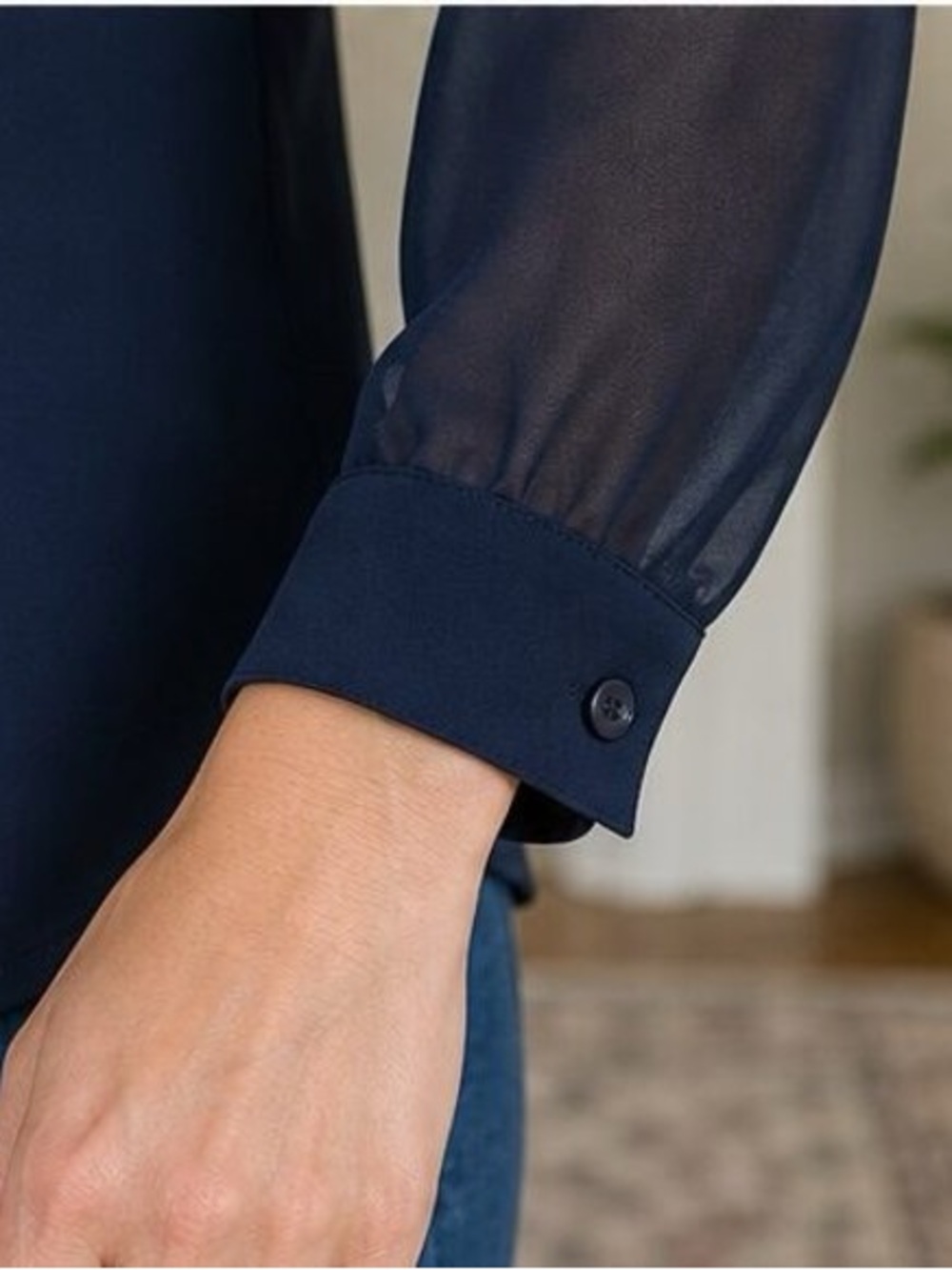 Women’s Navy Button-Front V-Neck Blouse - Picture 5 of 6